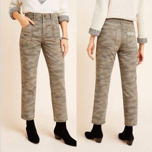 Anthropologie Camo Utility Straight Leg Pants Embroidered Mid Rise Ankle 30 Chic
